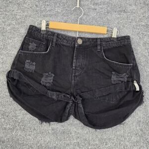 One Teaspoon Shorts 28 Bandits Denim Black Distressed Cut Off Hippie Relaxed Fit